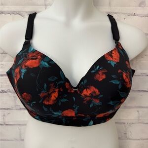 Torrid Curves Bra Size 44DD Dream Wire Free Push‎ Up Bra Black Red Floral